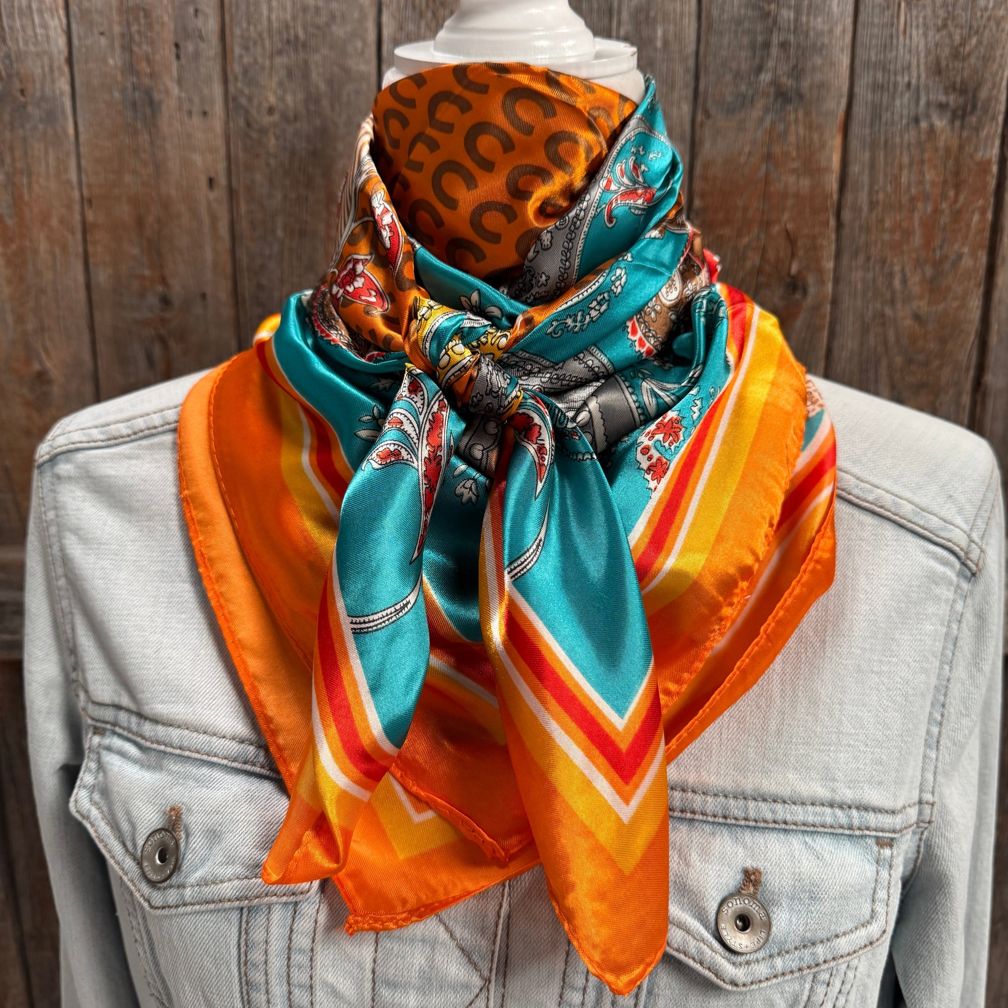 Square 35x35 Orange And Turquoise Paisley Horse Shoe Wild Rag Scarf