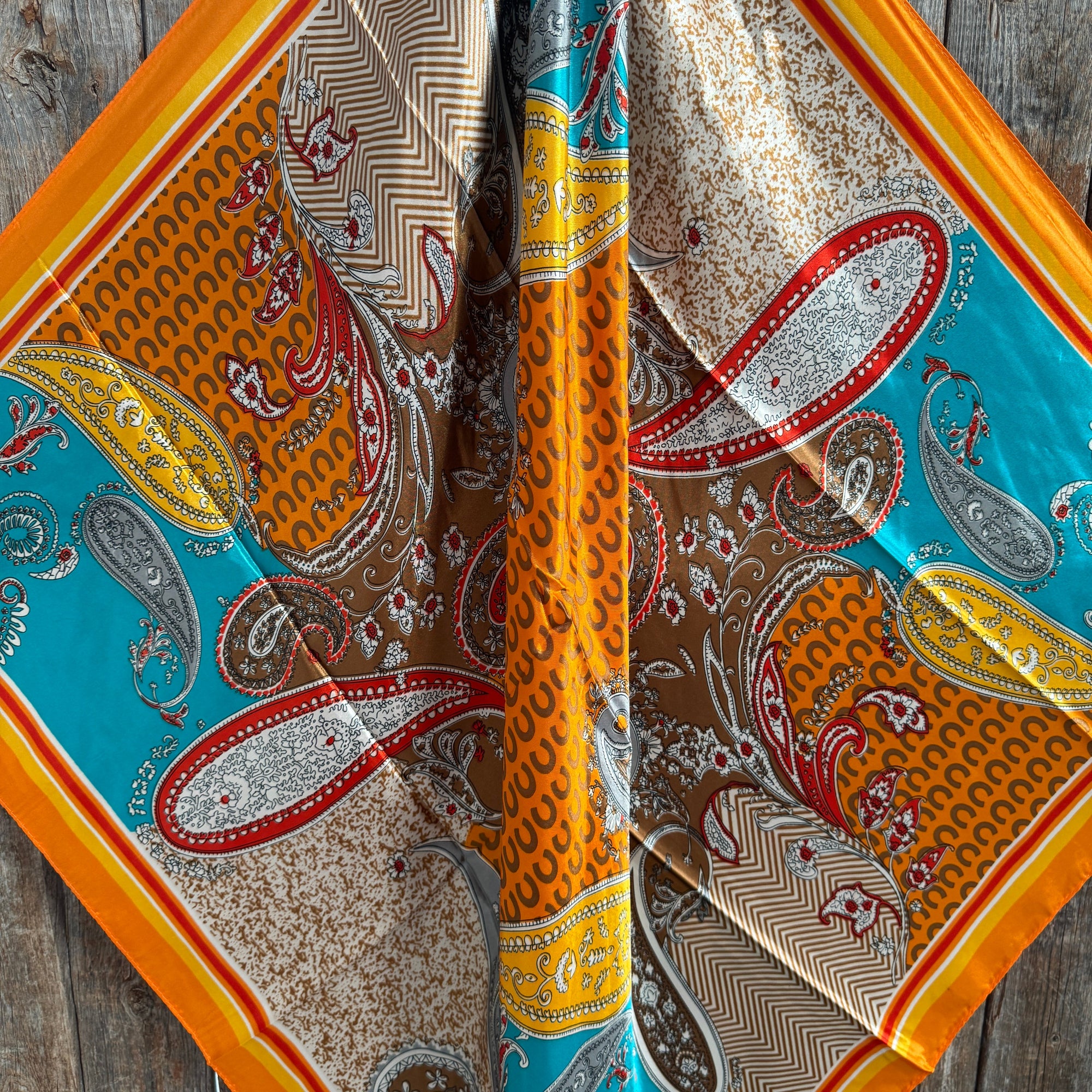 Square 35x35 Orange And Turquoise Paisley Horse Shoe Wild Rag Scarf
