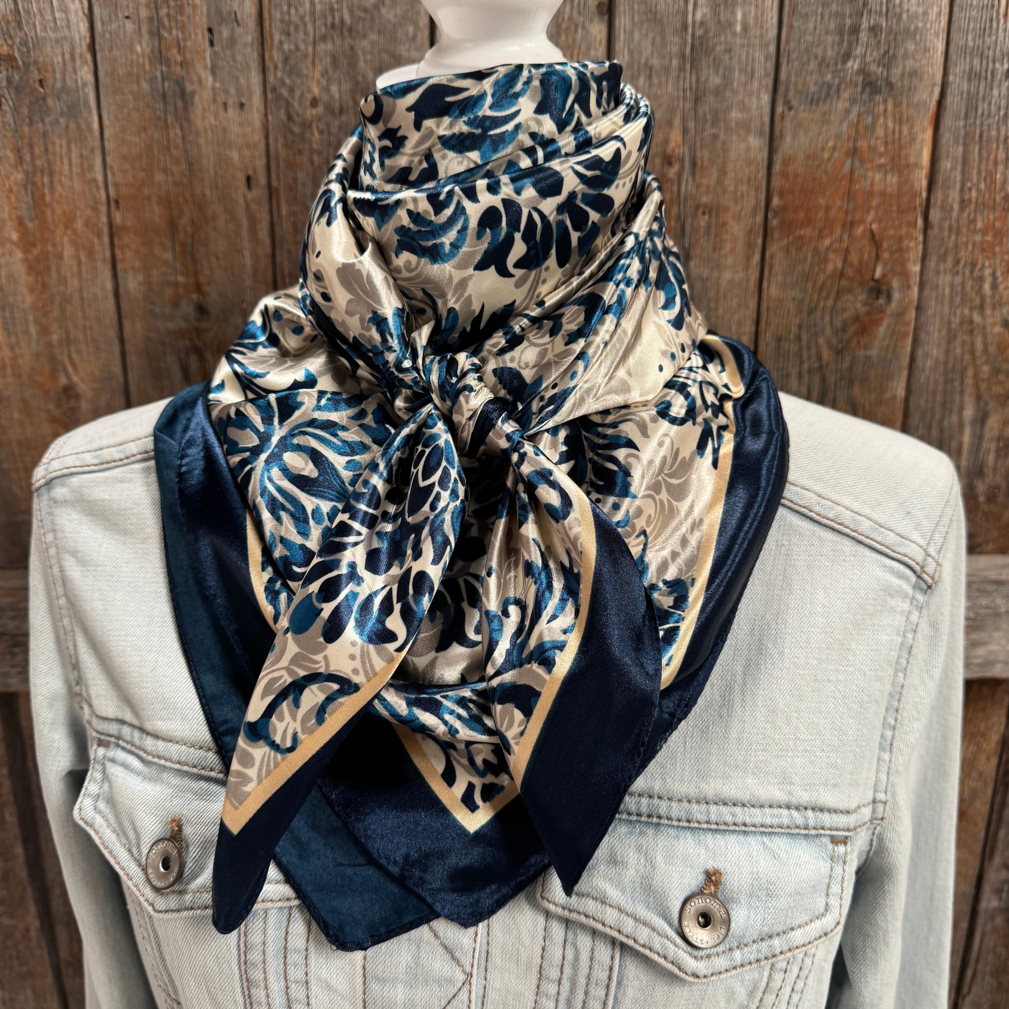 Cream And Blue Floral Wild Rag Scarf Square, Luxurious Polyester, Machine Washable