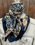 Cream And Blue Floral Wild Rag Scarf Square, Luxurious Polyester, Machine Washable