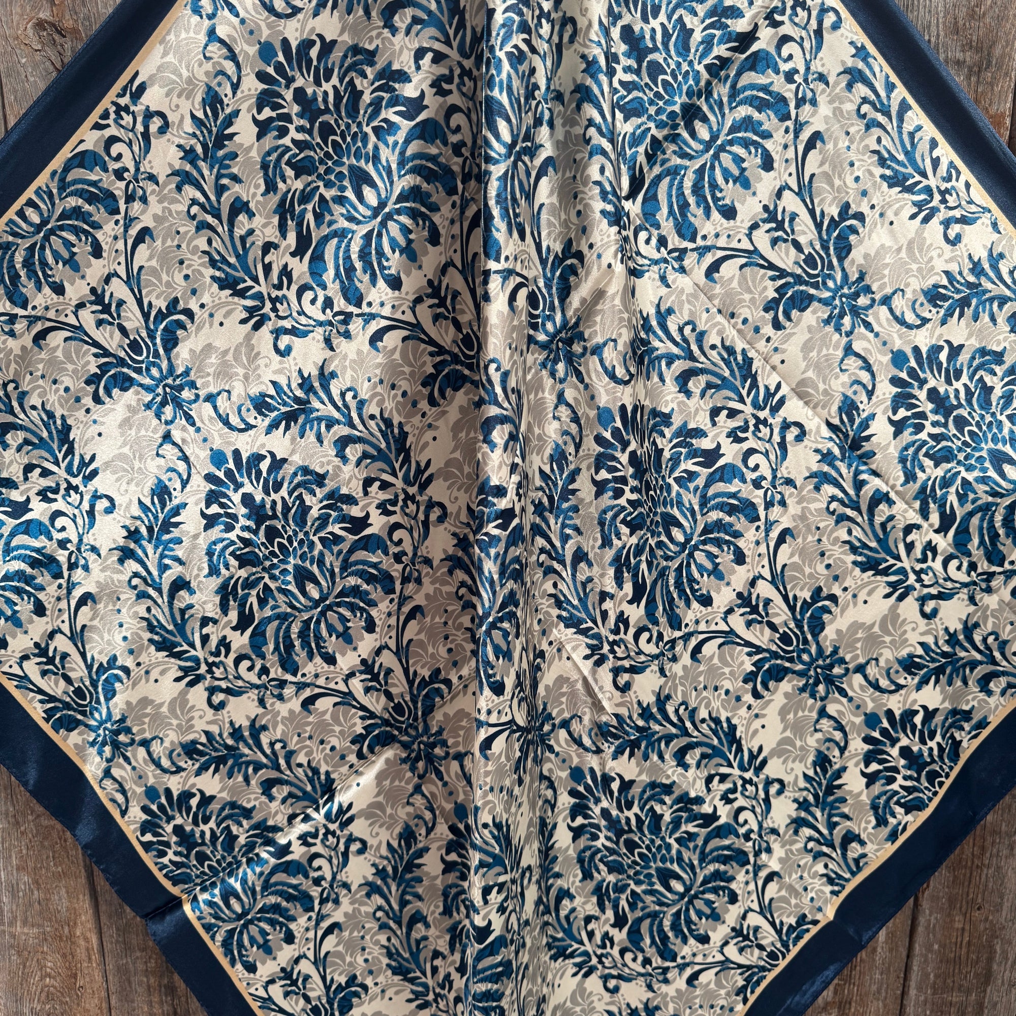 Cream And Blue Floral Wild Rag Scarf Square, Luxurious Polyester, Machine Washable
