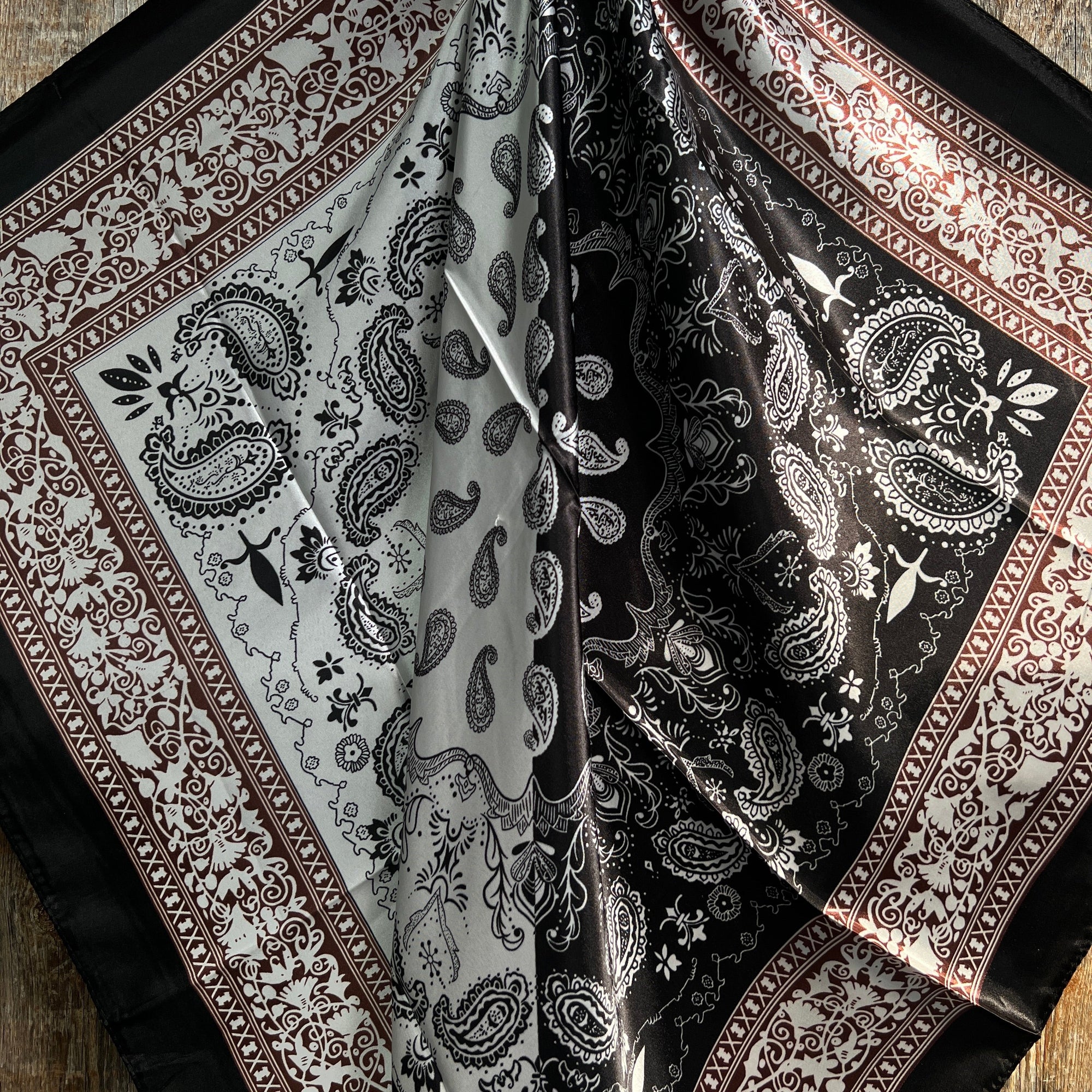 35X35" Two Tone Black Paisley Wild Rag / Scarf -Copper Jet, Champagne, Topaz Slide WRC2559C