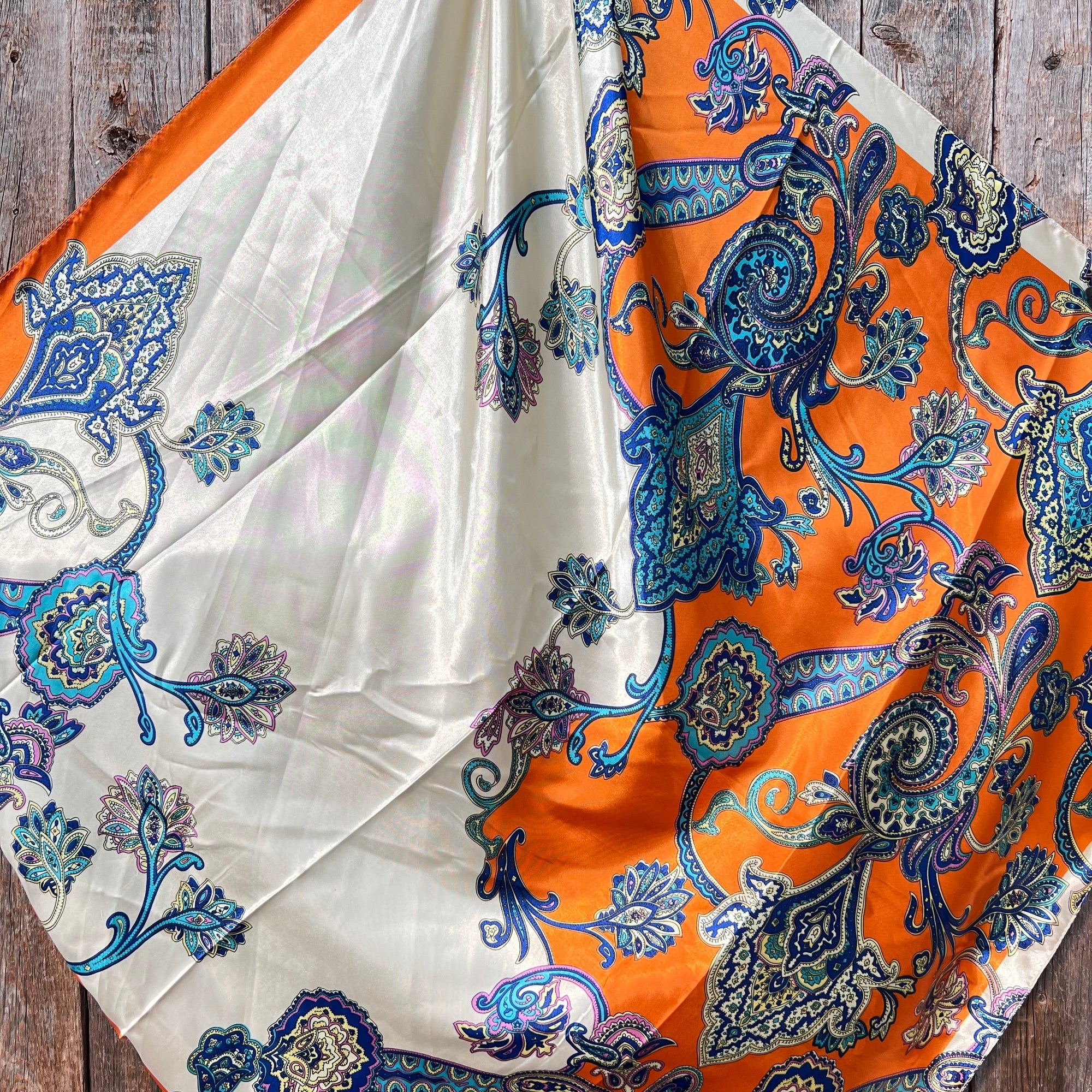 35X35" Orange and Blue Paisley Wild Rag / Scarf -W115L Slide WRC302B