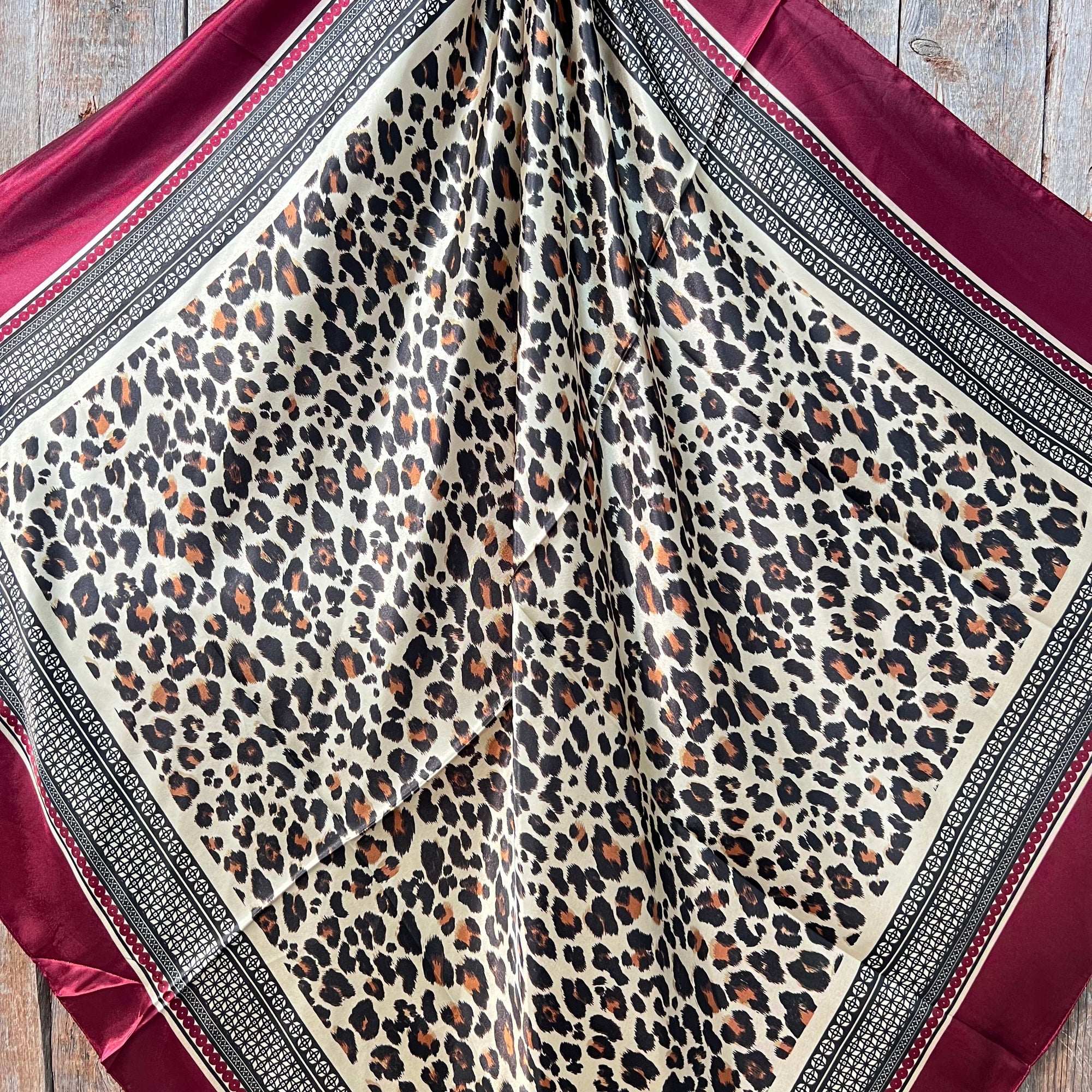 35X35" Wine Leopard Wild Rag / Scarf WRC397A  -Copper Amethyst, Aqua &amp; Clear Slide