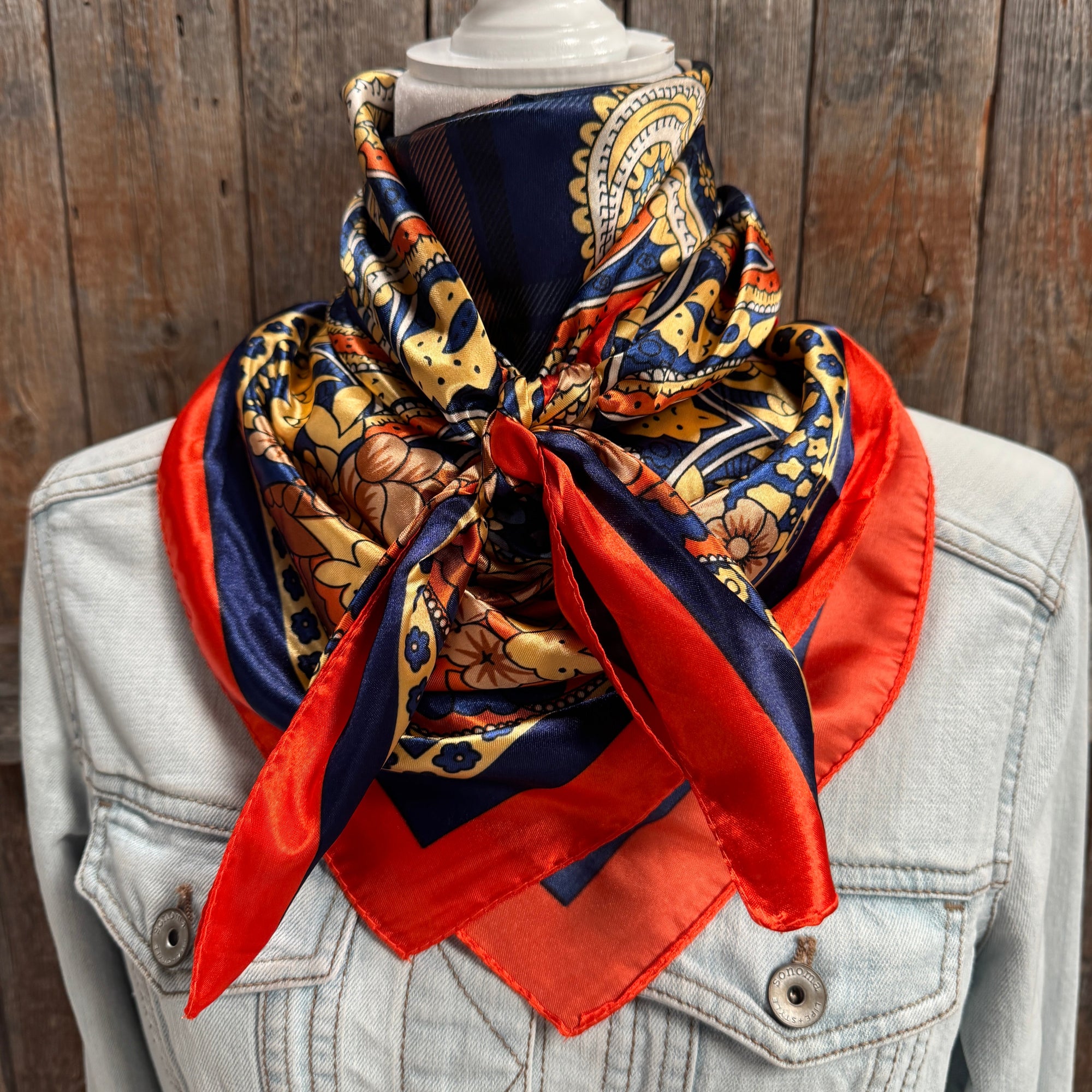 Orange and Blue Paisley Wild Rag Square Scarf 35 Inch