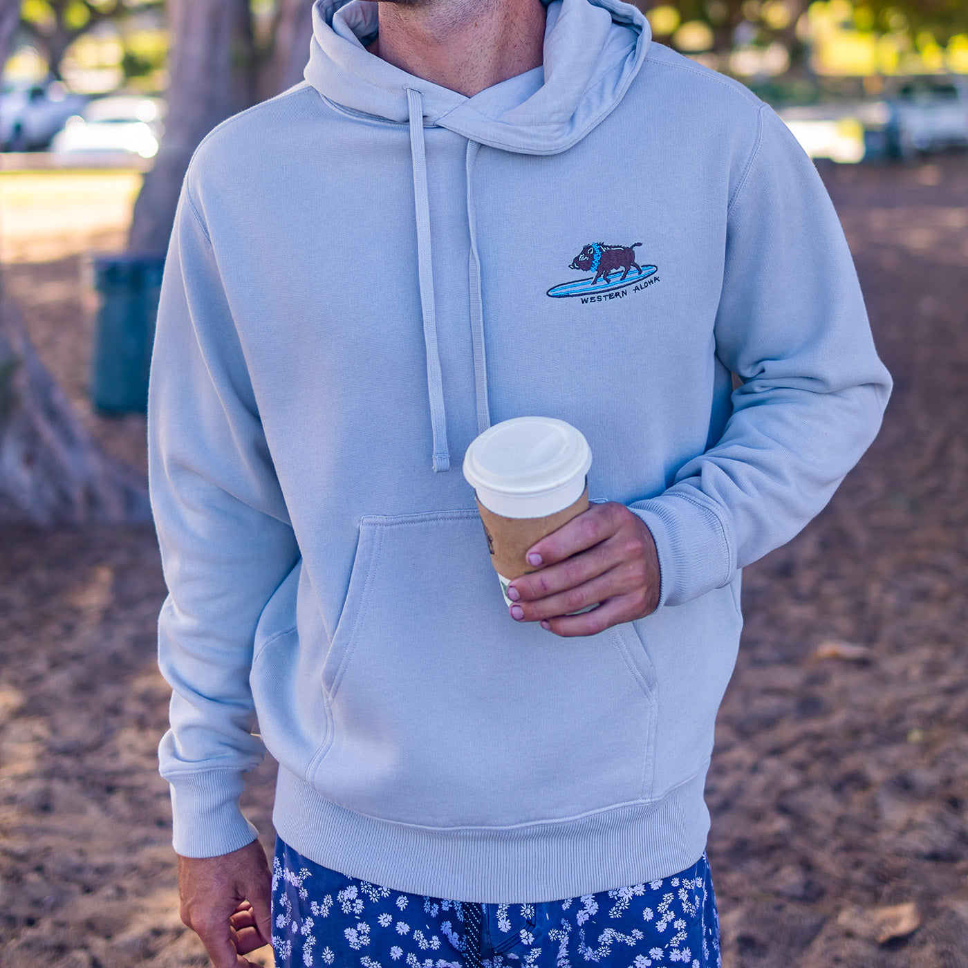 Embroidered Surfing Boar Hoodie Light Gray