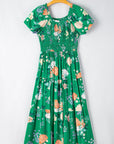 Floral Bubble Sleeve Smocked Tiered Midi Dress