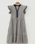 Stripe Ruffle Short Sleeve V-Neck Midi Dress