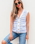 Stripe Buttoned V-Neck Sweater Knit Top