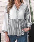 Stripe Gauze Patchwork Half Buttoned Babydoll Blouse