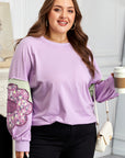Plus Size Floral Patch Colorblock Long Sleeve Top