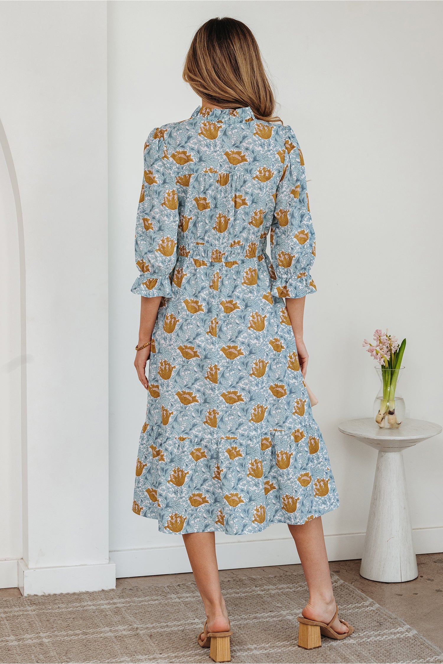 Floral Frilled V-Neck 3/4 Sleeve Midi Dress