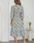 Floral Frilled V-Neck 3/4 Sleeve Midi Dress