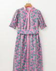Floral Puff Sleeve Button Front Belted Midi Dress