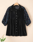 Velvet Sequin Puff Sleeve Buttoned Peplum Shirt