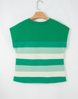 Stripe Mixed Crew Neck Cap Sleeve T-Shirt