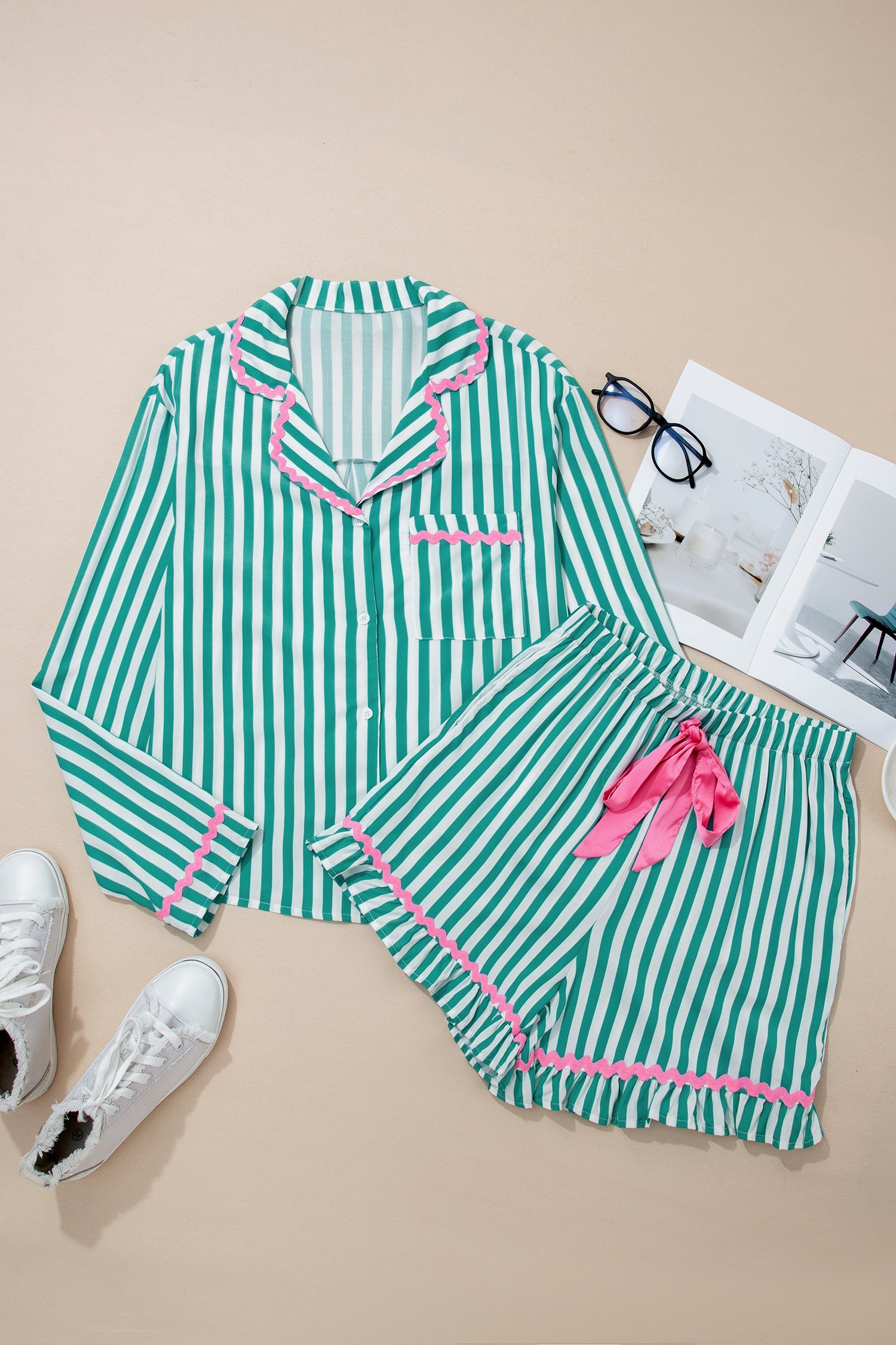 Stripe Ricrac Trim Shirt &amp; Drawstring Shorts Set