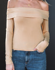 Solid Fold-Over Off-Shoulder Long Sleeve Top