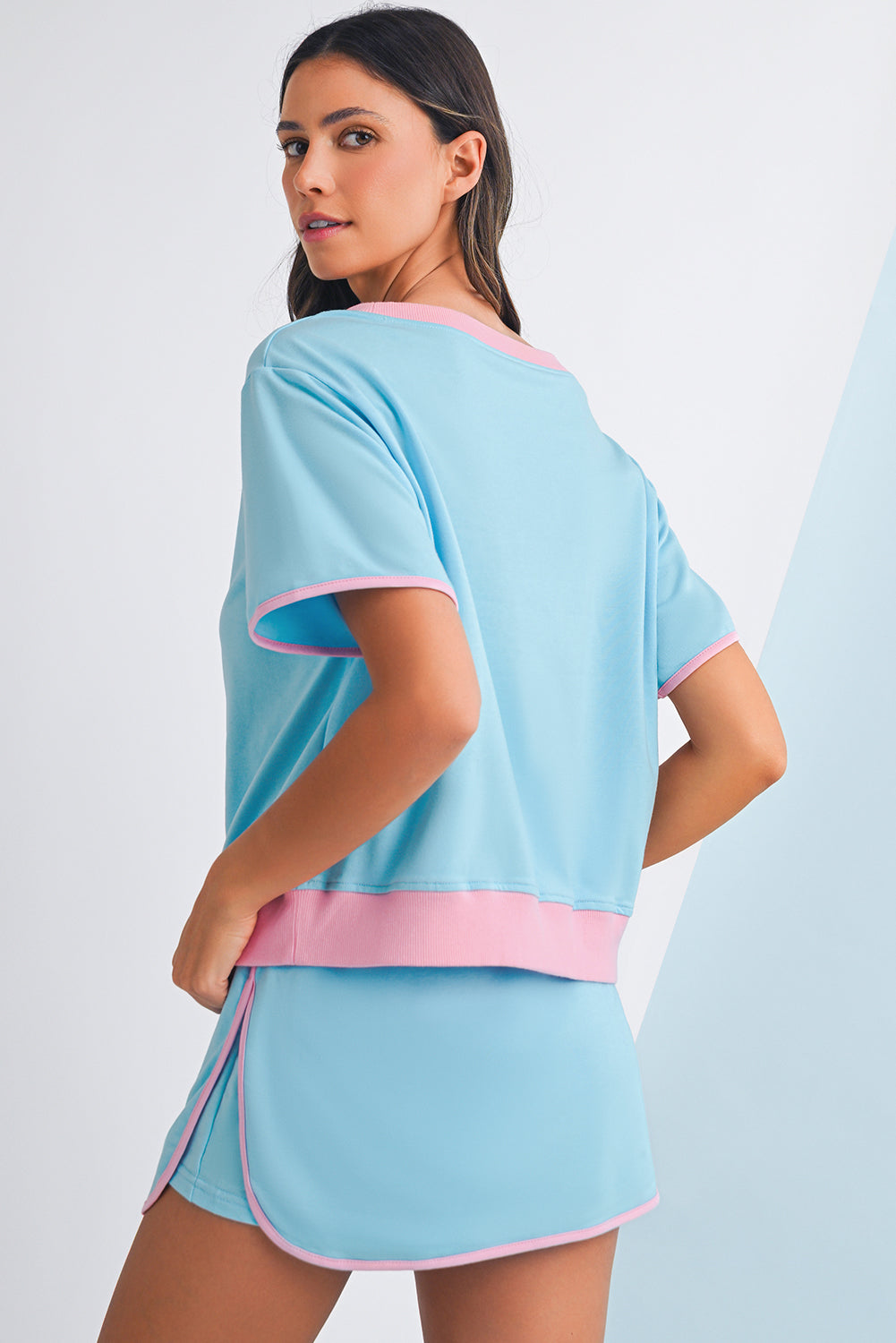 Colorblock Edge Drop Shoulder T Shirt and Skort Set