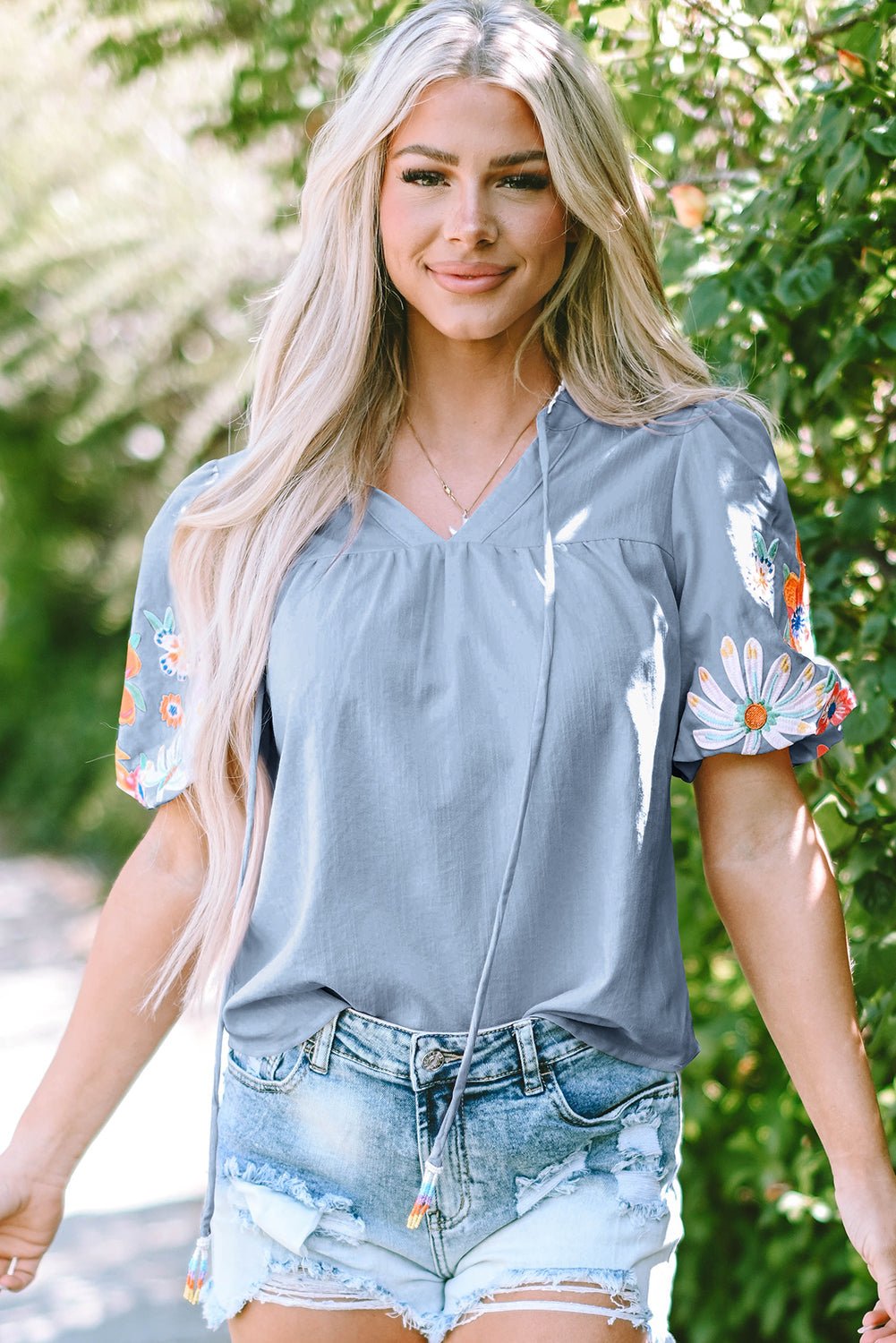 Hadlee Floral Embroidered Puff Sleeve Split Neck Blouse