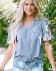 Floral Embroidered Puff Sleeve Blouse