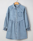 Molly Smocked Cuffs Flared Denim Shirt Mini Dress