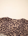 Stripe Leopard Trim 3/4 Sleeve Midi Shirt Dress