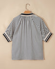 Stripe Half Zip Polo Collar Puff Sleeve Blouse