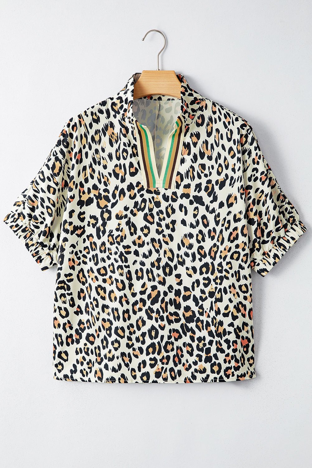 Leopard Colorblock Contrast V-Neck Short Sleeve Blouse