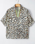 Leopard Colorblock Contrast V-Neck Short Sleeve Blouse
