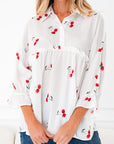 Cherry Frilled Collar 3/4 Sleeve Babydoll Blouse