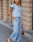 Textured Ruffle Half Zip Top and Pants Set