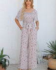 Floral Smocked Short Sleeve Wide Leg Jumpsuit