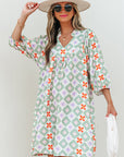 Geometric Floral 3/4 Sleeve Notched Neck Mini Dress