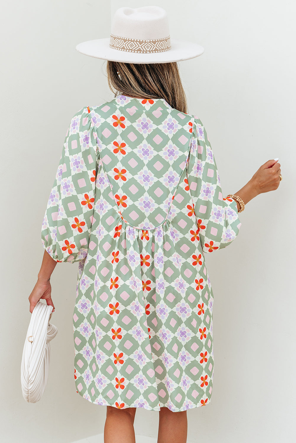 Geometric Floral 3/4 Sleeve Notched Neck Mini Dress