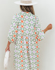 Geometric Floral 3/4 Sleeve Notched Neck Mini Dress