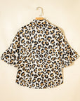Leopard Ruffle Trim 3/4 Sleeve Buttoned Shirt