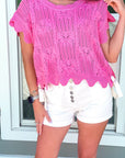Pointelle Knit Scallop Trim Short Sleeve Sweater