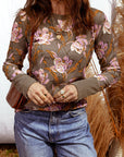 Floral Waffle Textured Long Sleeve Top