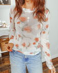 Floral Mesh Round Neck Long Sleeve Top