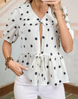 Polka Dot Collared Lace-Up Peplum Top