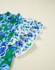 Floral Lace Trim Ruffle Sleeve Pleated Blouse