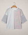 Stripe Colorblock 3/4 Sleeve Loose T-Shirt
