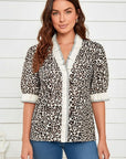 Leopard Colorblock Stripe V-Neck Short Sleeve Blouse