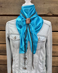 35X35" Solid Aqua Wild Rag / Scarf - Leather Slide and Bolo Tie