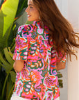 Floral Lace Up V-Neck Short Sleeve Blouse