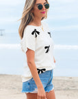 Kya Bow Pattern Knit Short Sleeve Sweater