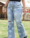 Plus Size Star Buttoned Slit Knee Distressed Jeans