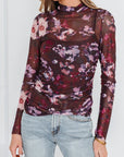 Floral Mesh Turtleneck Long Sleeve Ruched Top