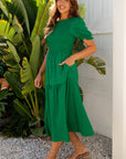 Solid Textured Smocked Puff Short Sleeve Maxi Dress